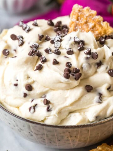 Bowl of cannoli dip topped with mini chocolate chips and a pizzelle cookie.