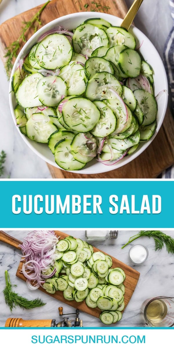collage of cucumber salad, top image of salad photographed from above, bottom image of ingredients being sliced and prepped on whood cutting board