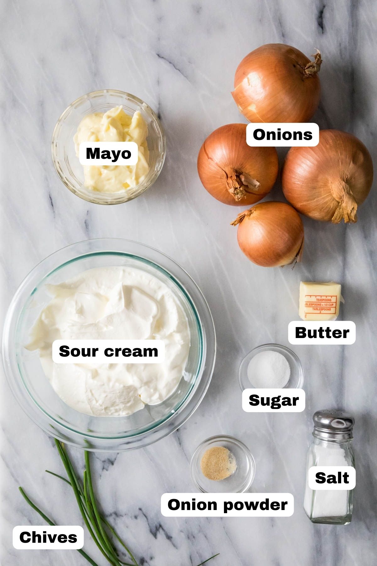 Overhead view of labelled ingredients including sour cream, mayo, onions, and more.