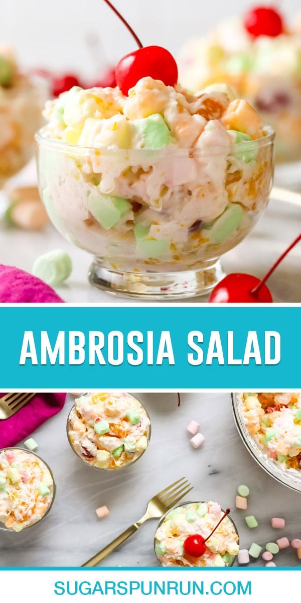 collage of ambrosia salad, top image close up of single bowl with cherry on top, top image of multiple servings photographed from above