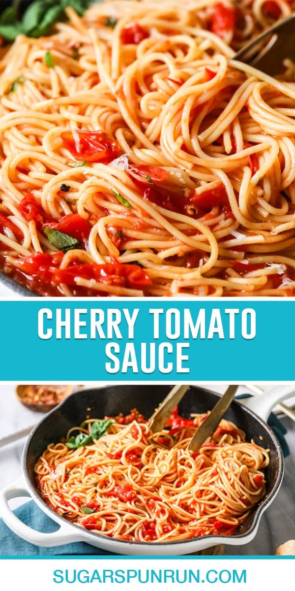 collage of cherry tomato sauce, top image is a close up of sauce over noodles, bottom image of noodles in skillet