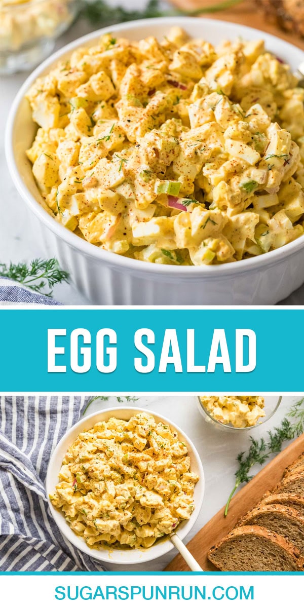 collage of egg salad, top image is a close up of salad in white bowl, bottom image photographed from above