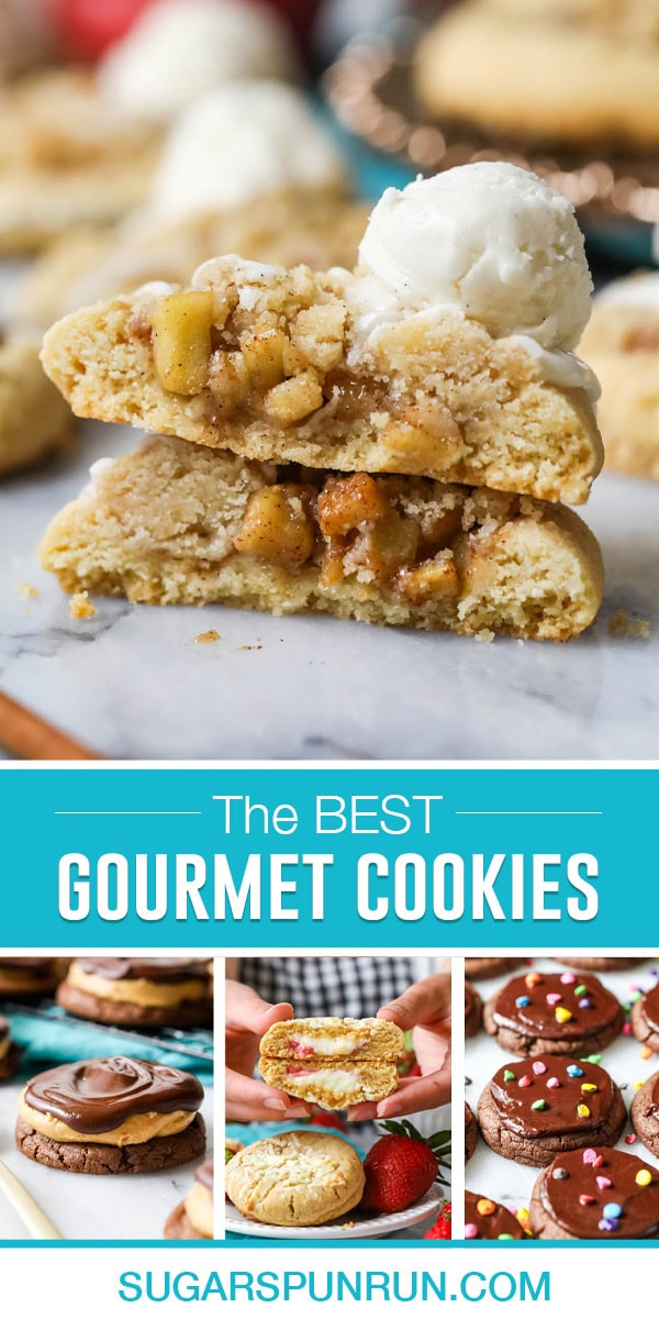 collage of gourmet cookies, top image of apple pie cookies stacked, bottom images include buckeyes cookies, strawberry cheesecake cookies and cosmic cookies