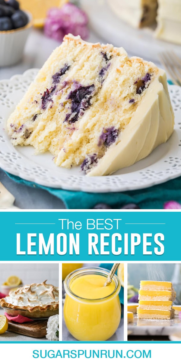 collage of lemon recipes, top image of single slice of lemon blueberry cake, bottom images include, pie, curd and bars
