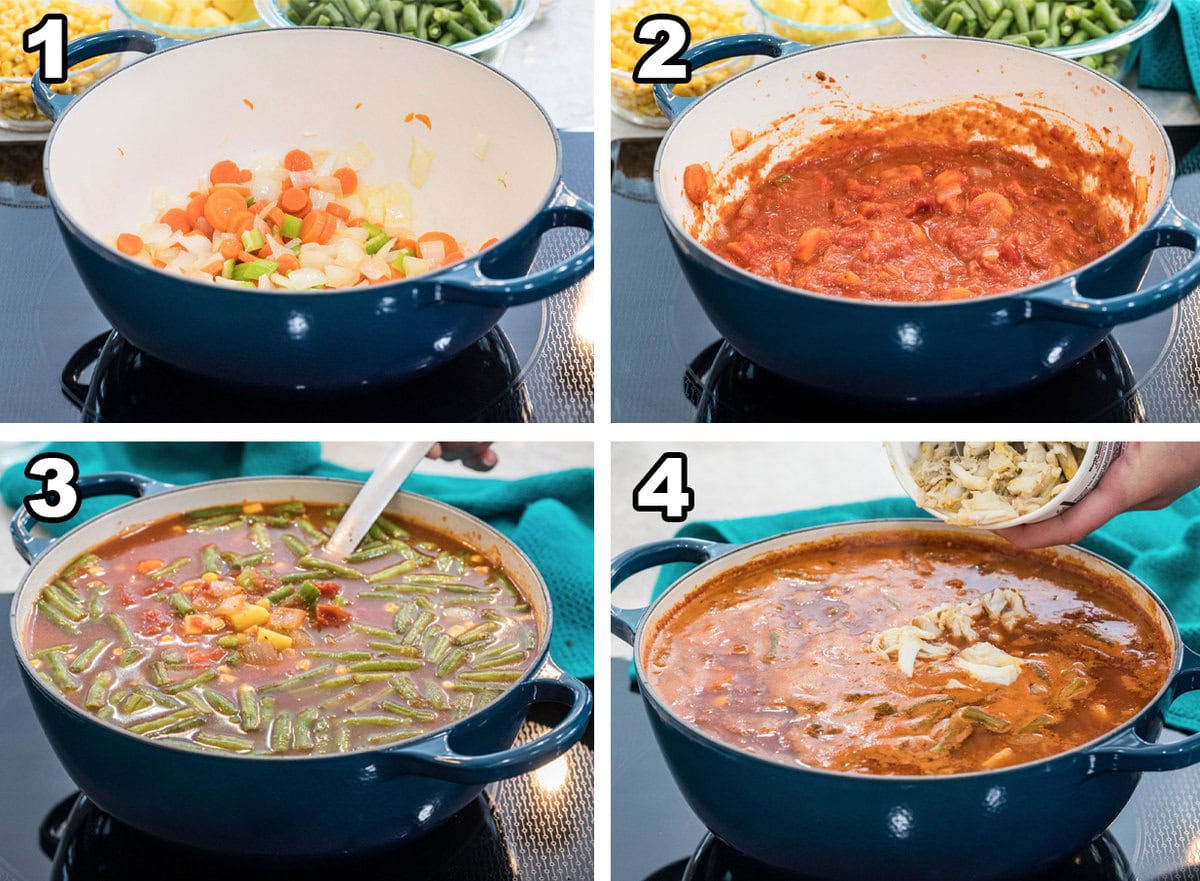 The process of making maryland crab soup, cooking the veggies in butter, cooking the tomatoes with the spices, adding all ingredients in the pot and then adding the crab.
