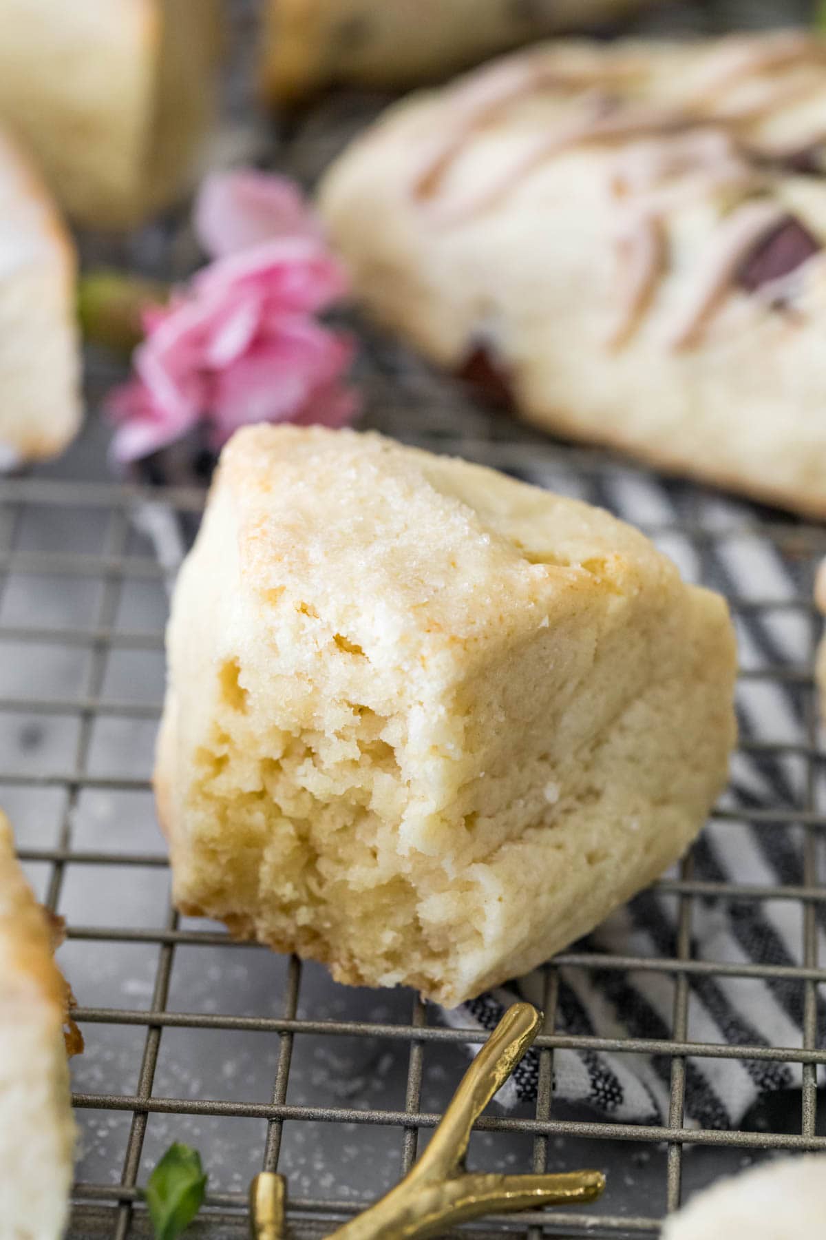 Interior of a scone showing tender, flaky layers.