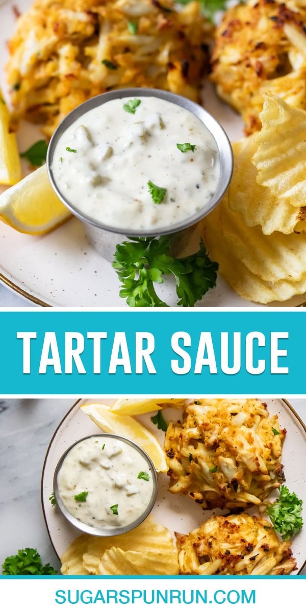 collage of tartar sauce, top image is close up of sauce, bottom of sauce with crab cakes photographed from above