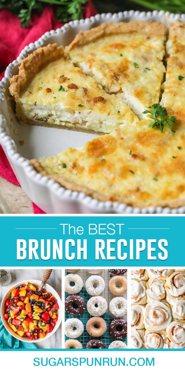 collage of the best brunch recipes, quiche, fruit salad, donuts and overnight cinnamon rolls