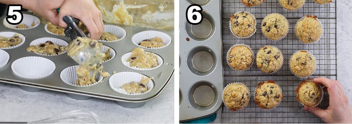 Two photos showing muffin batter being portioned and baked.