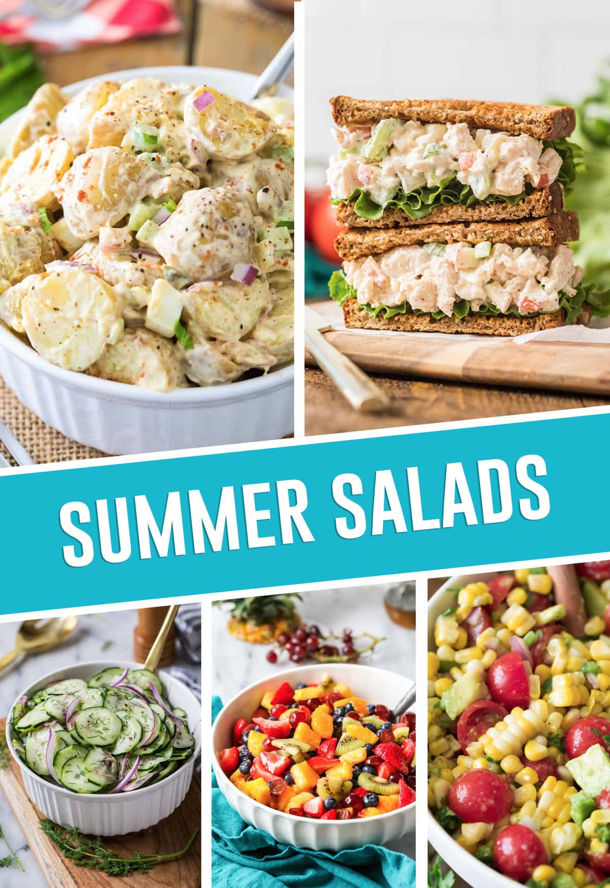 collage of summer salads, chicken salad, cuccumber, fruit, and pasta salad
