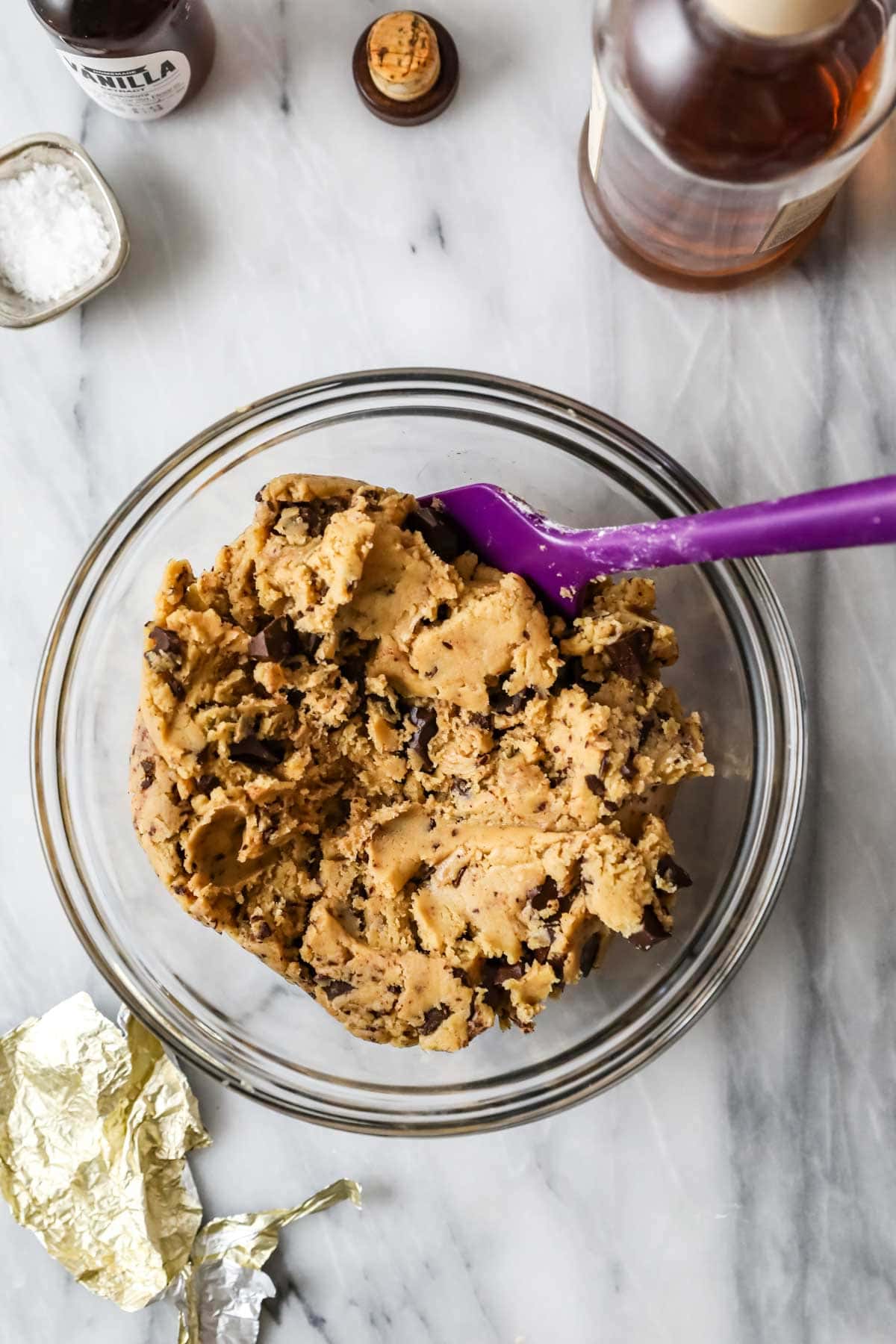 Overhead view of cookie dough made with bourbon and brown butter in a bowl.