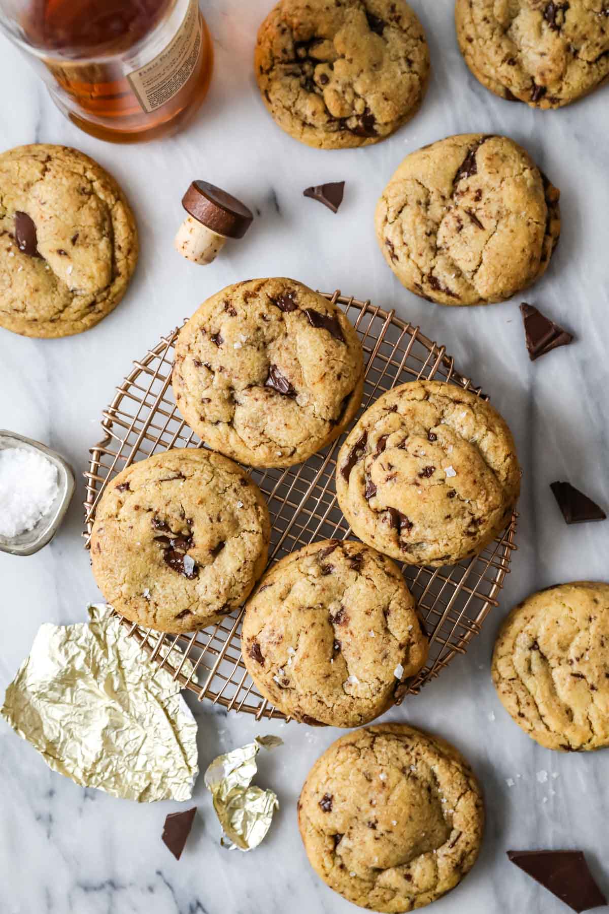 Overhead view of cookies made with bourbon and brown butter on a cooling rack.
