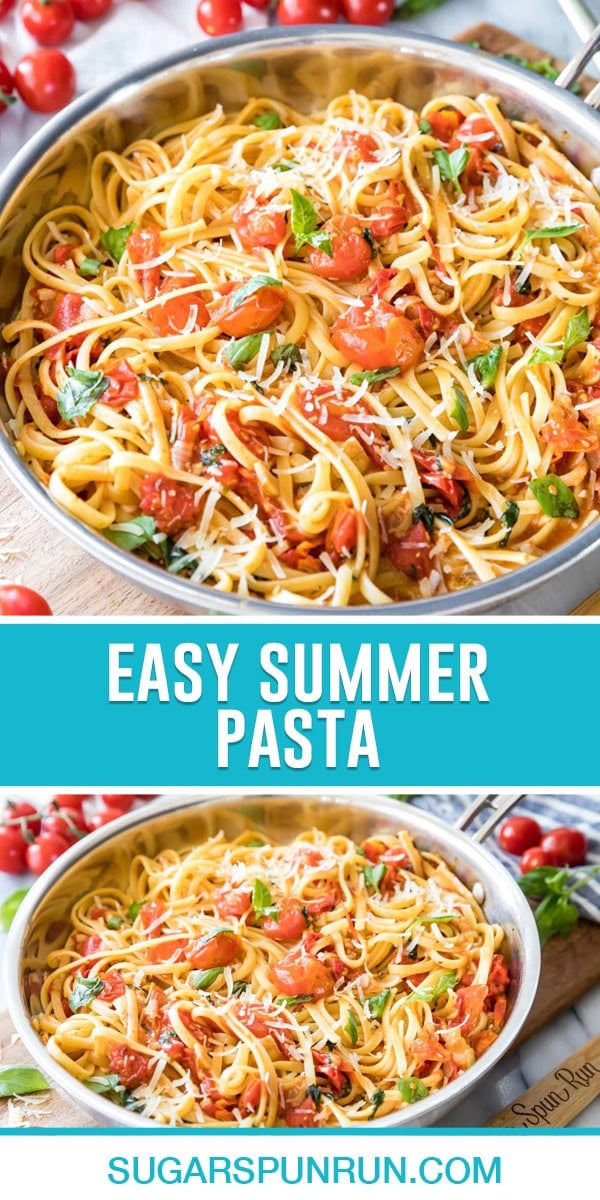 collage of easy summer pasta, top image is a close up of pasta in metal pan, bottom image same, photographed further away