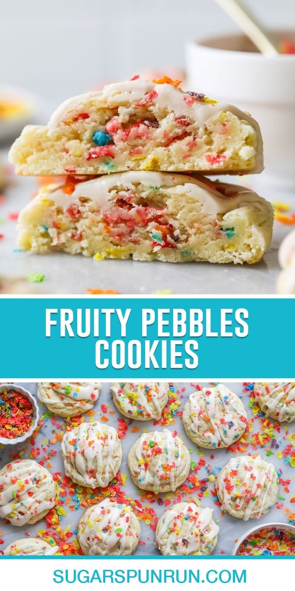 collage of fruity pebbles cookies, top image of close up stacked cut open, bottom image of multiple cookies photographed from above