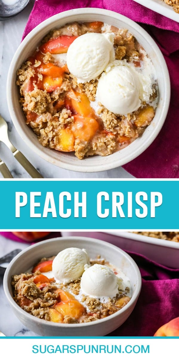 Peach Crisp collage. Top image of crisp with ice cream photographed from above. Bottom image same bowl, photographed from the side.