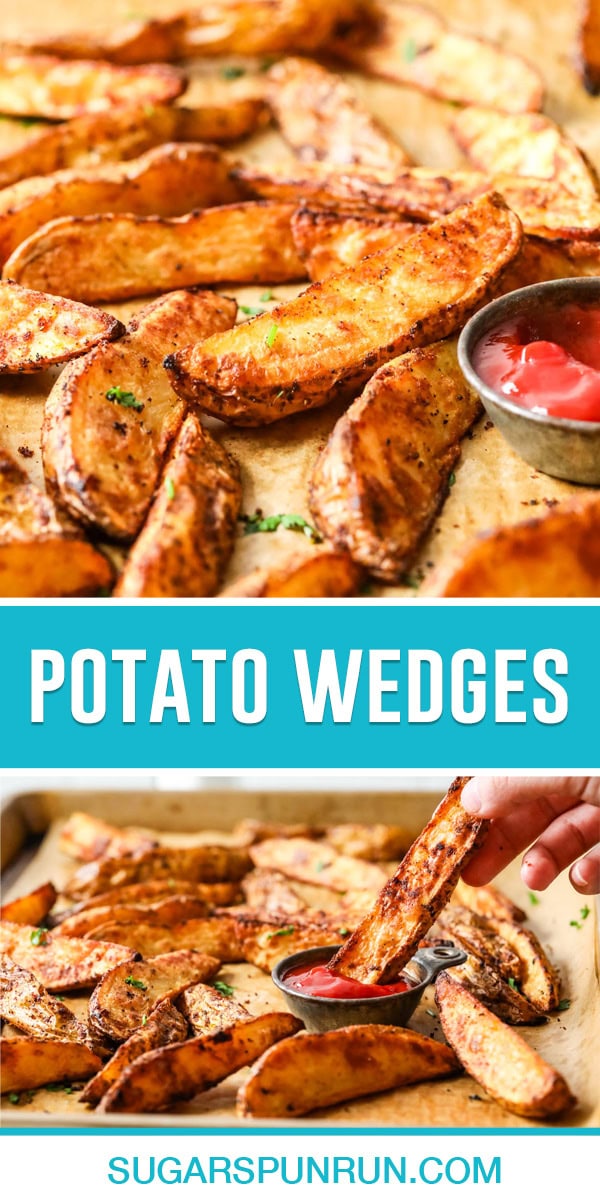 collage of potato wedges, top image close up of baked wedges with side ketchup, bottom image wedge being dipped into ketchup