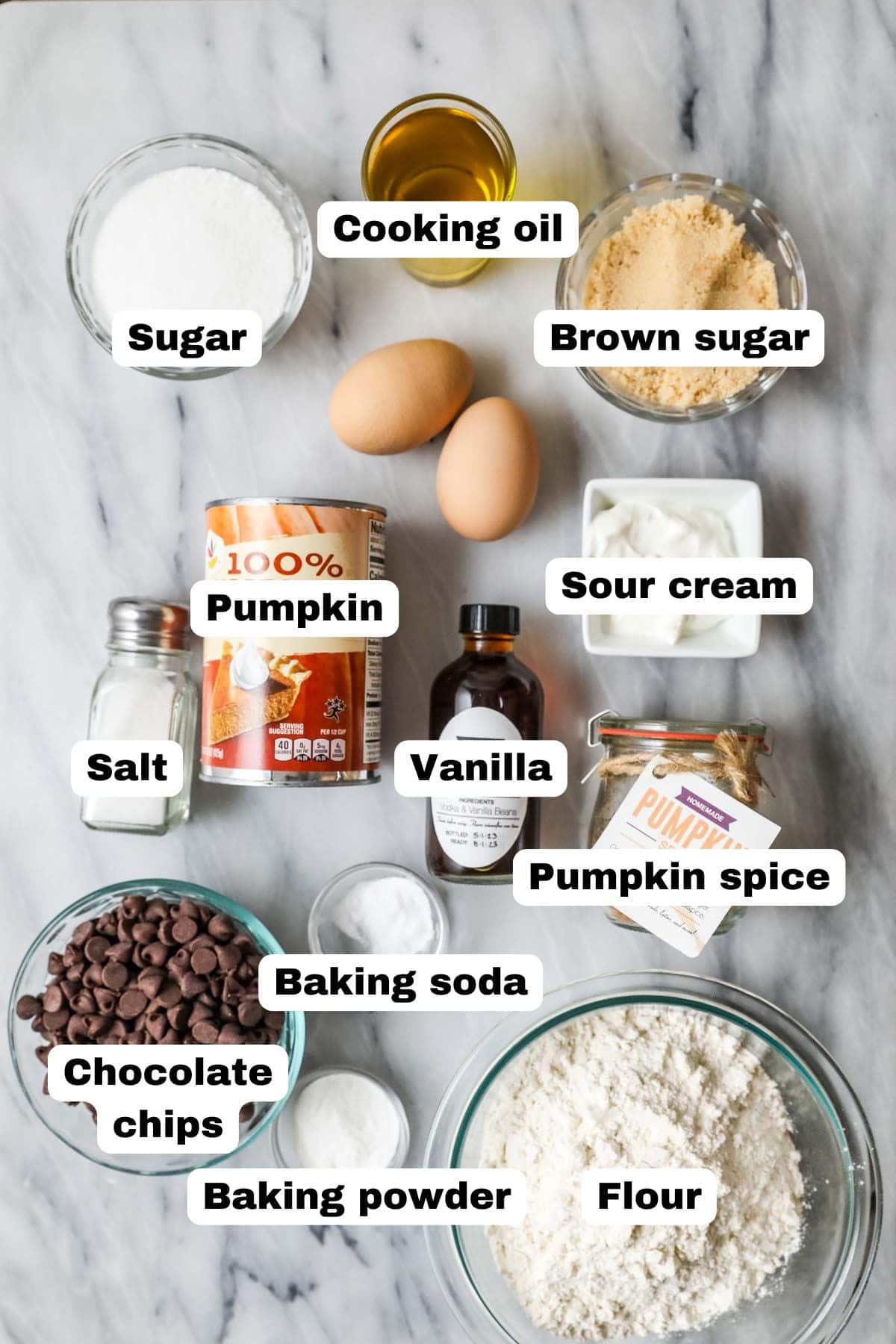 Overhead view of ingredients including pumpkin puree, chocolate chips, pumpkin spice, and more.