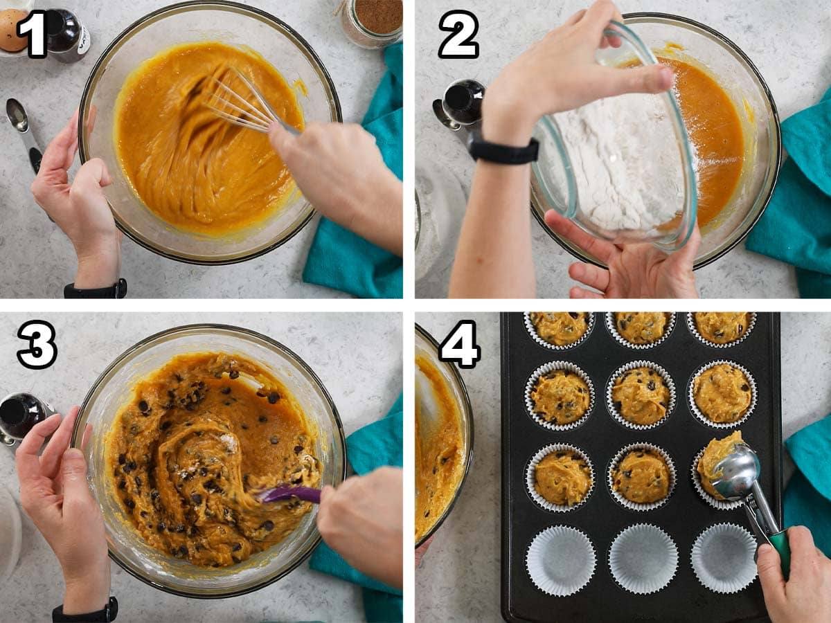 Four photos showing a pumpkin chocolate chip muffin batter being prepared and portioned into liners.