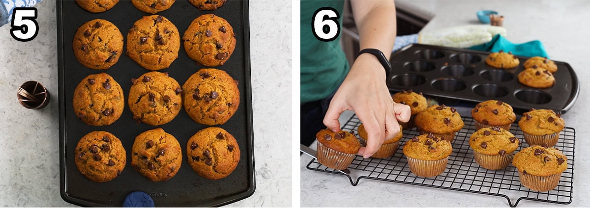 Two photos showing muffins being removed from a muffin pan.