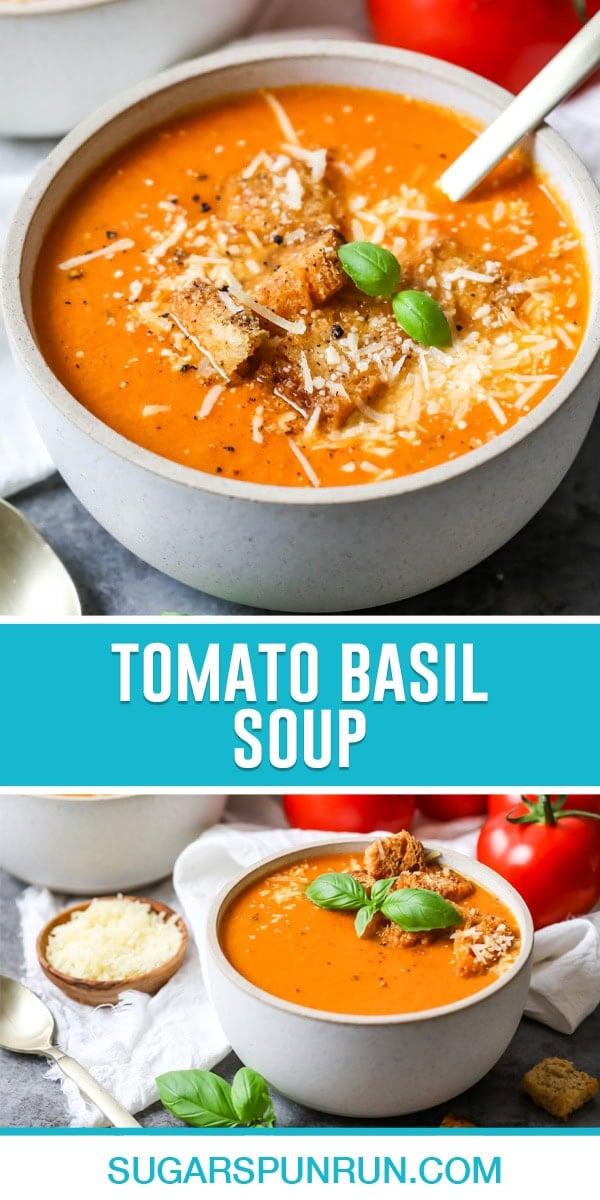 collage of tomato basil soup, top image of close up of full bowl of soup, bottom image of full bowl photographed from side with cheese an topped with basil