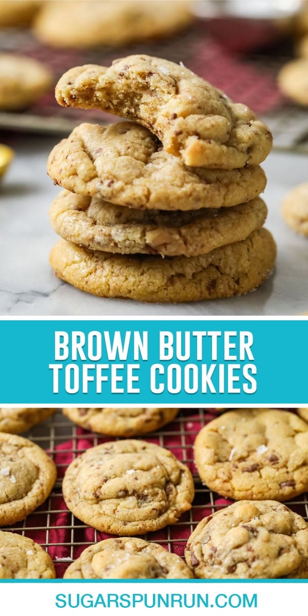 collage of brown butter toffee cookies, top image of four cookies stacked, top cookie bite taken out. Bottom image of multiple cookies cooling on wire rack.