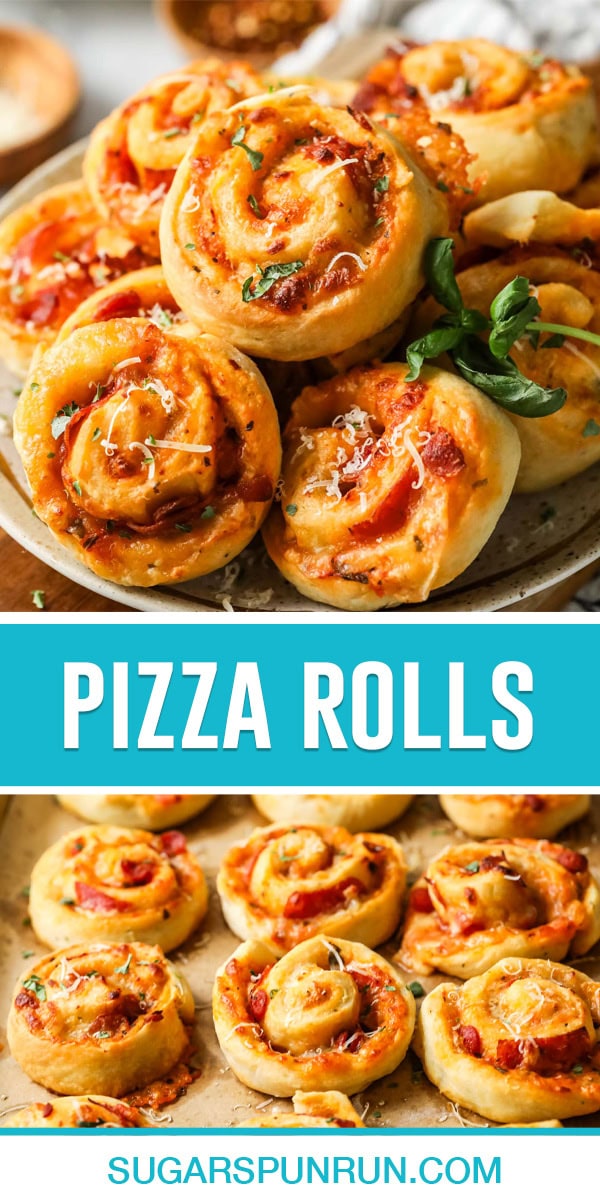 collage of pizza rolls, top image is a close up of multiple rolls photographed close up, bottom image of rolls on baking sheet