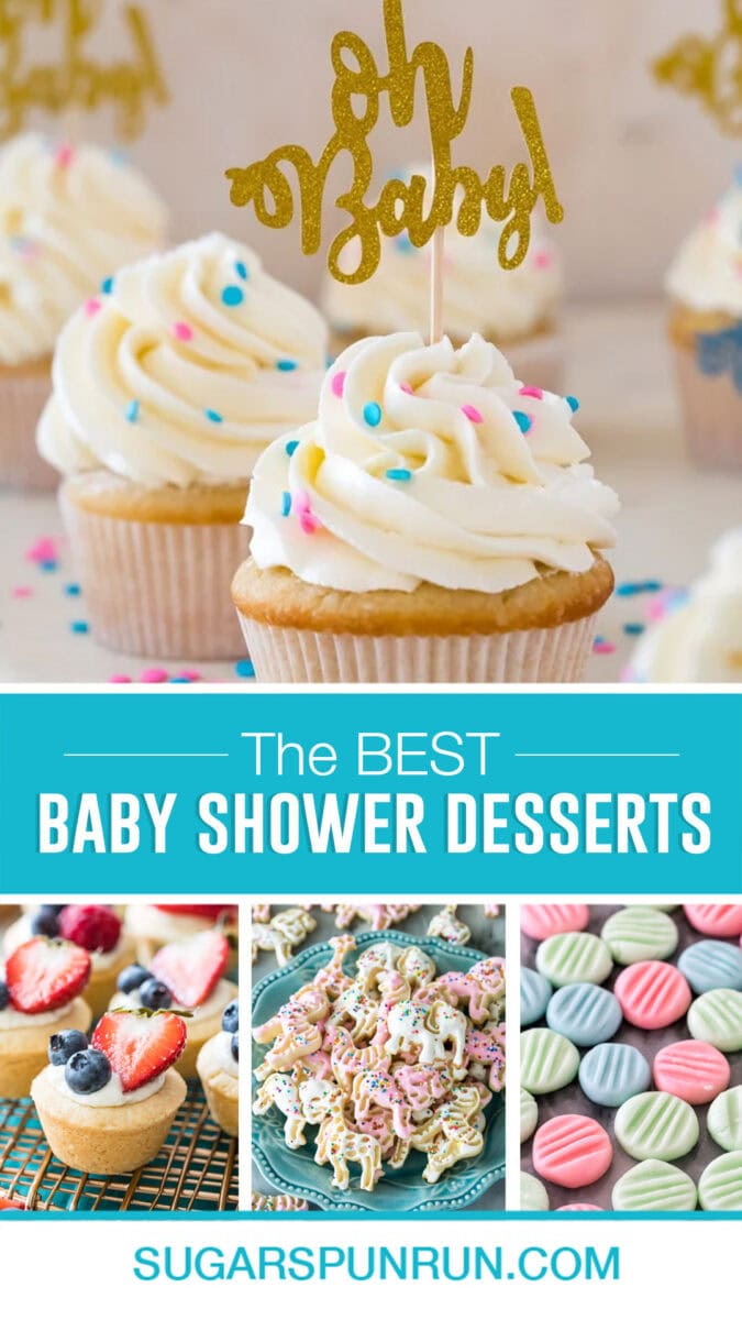 collage of baby shower desserts, top images of gender reveal cupcakes, bottom images contain images of cheesecake bites, frosted animal crackers, and cream cheese mints