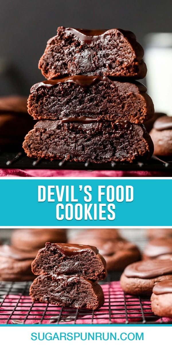 collage of devil's food cookies, top image of three cookies stacked cut open to see chocolatey center, bottom image of two cookies stacked on wire rack cooling around other cookies