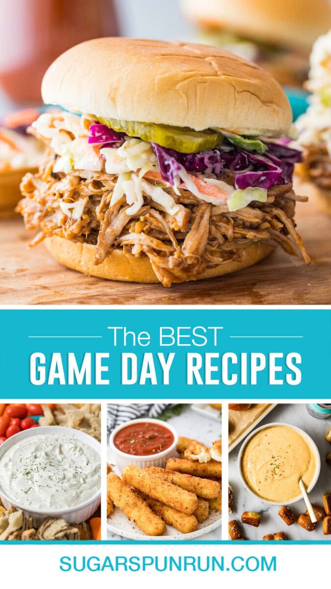 collage of the best game day recipes featuring images of pulled pork, dill dip with veggies, mozzarella sticks and beer cheese dip