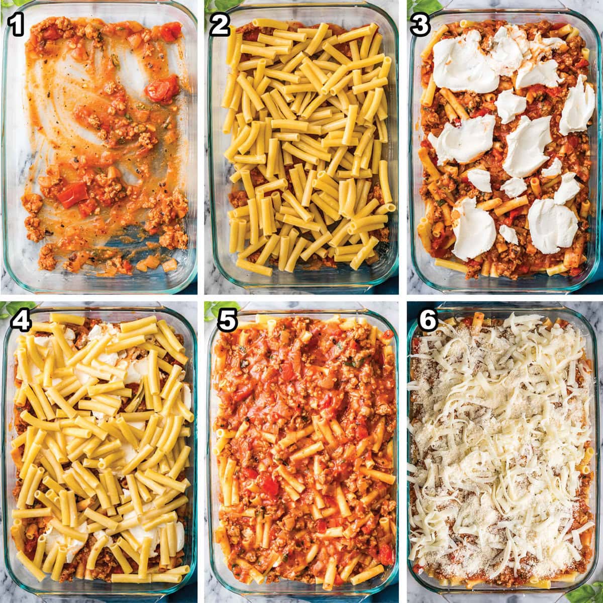 6 images showcases the layering process of making baked ziti