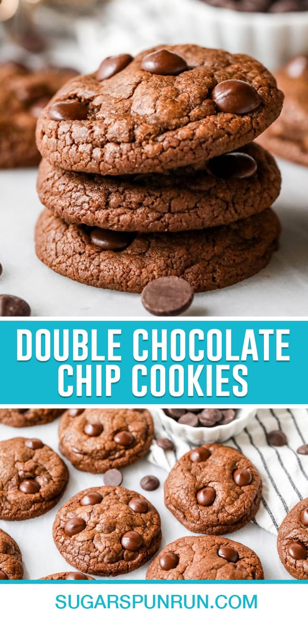 collage of double chocolate chip cookies, top image of three cookies stacked, bottom image of multiple cookies close together cooling on marble slab