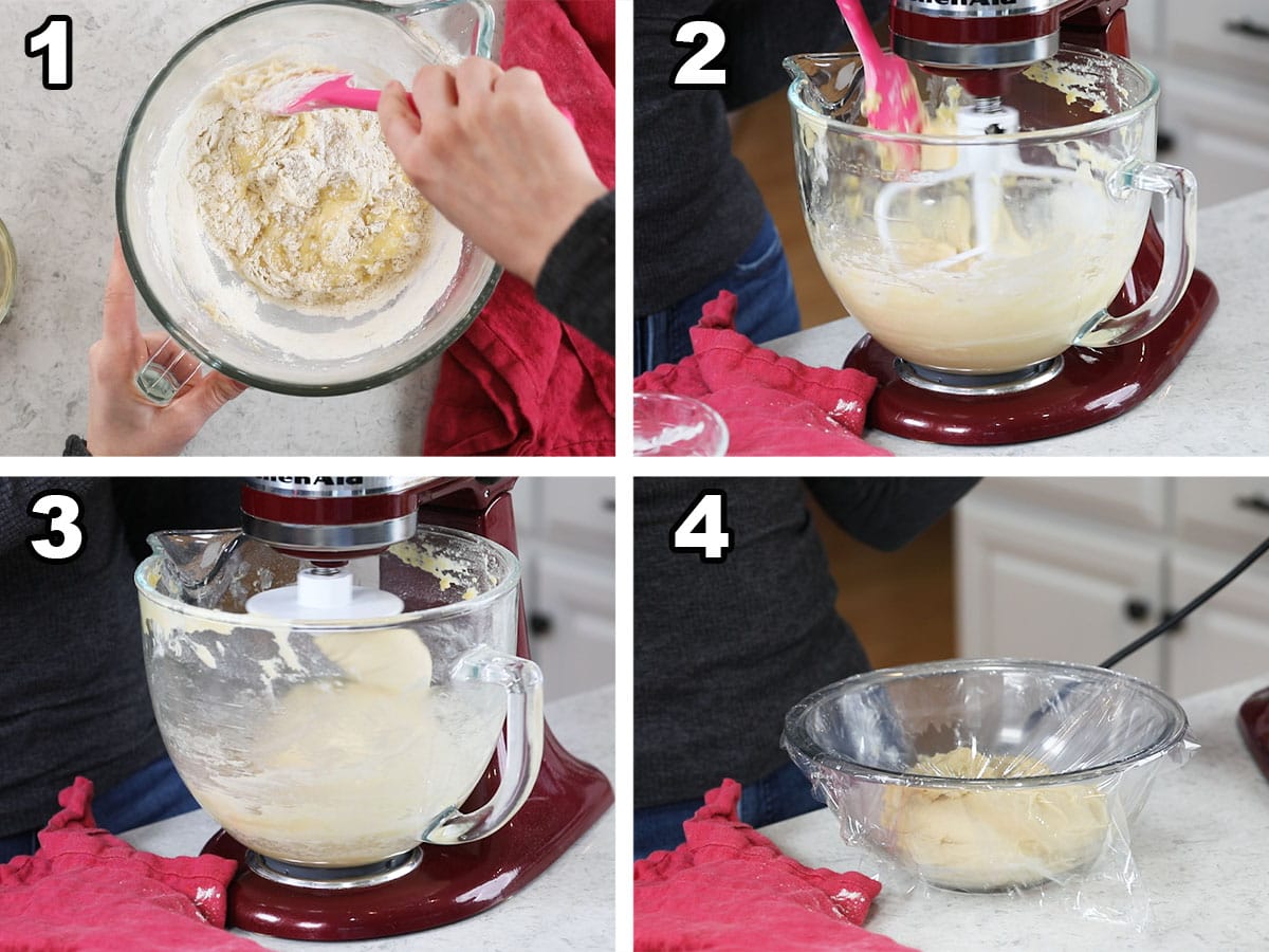 Four photos showing a dough being prepared in a stand mixer before rising.