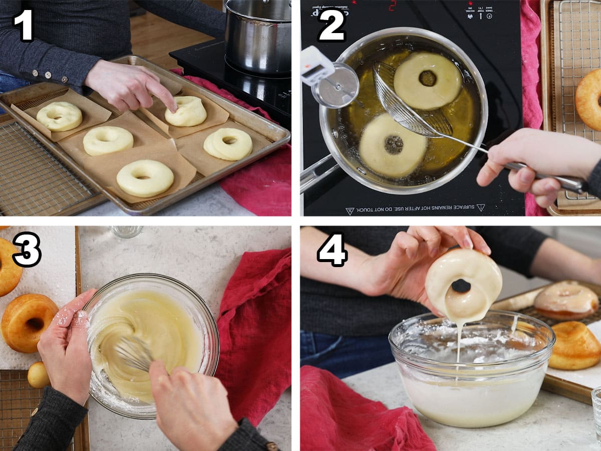 Four photos showing sourdough donuts being fried and glazed.
