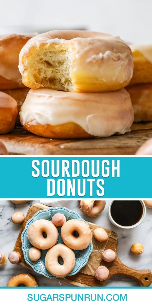 collage of sourdough donuts, top image of two donuts stacked top donut with bite taken out, bottom image of three donuts on plate on top of wood slab