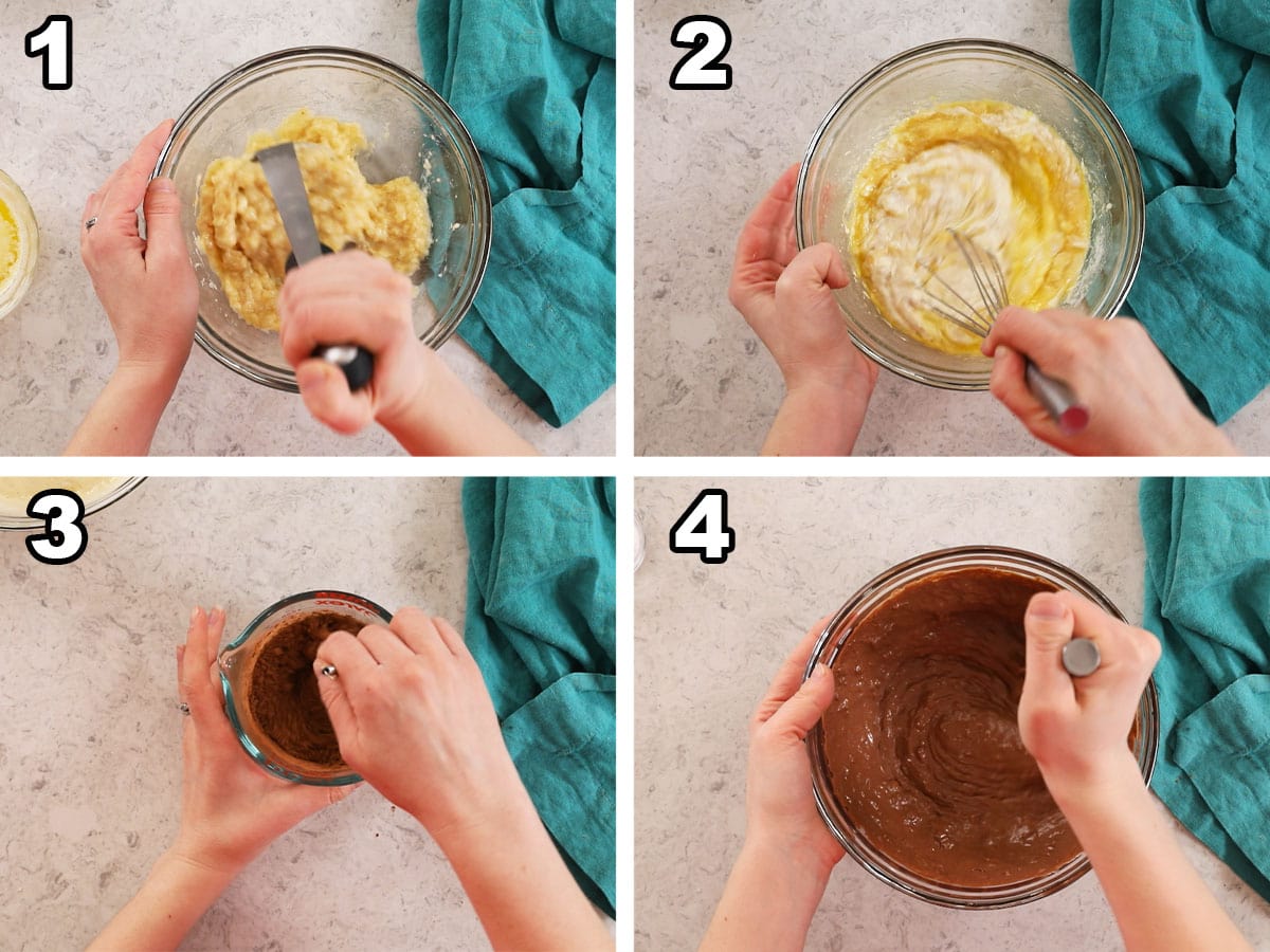 Four photos showing bananas being mashed and stirred into a chocolate muffin batter.