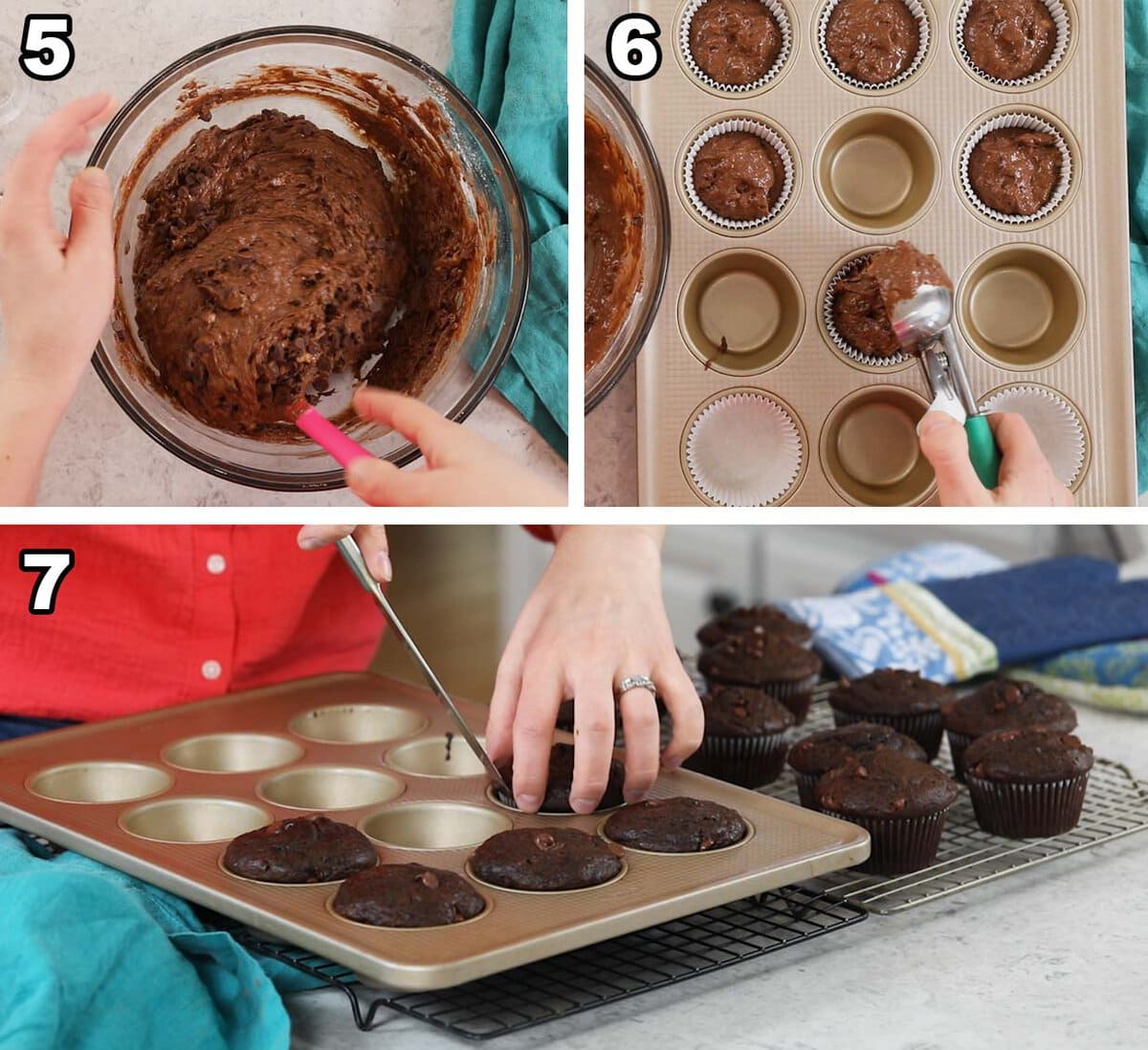 Three photos showing chocolate banana muffin batter being scooped and baked.