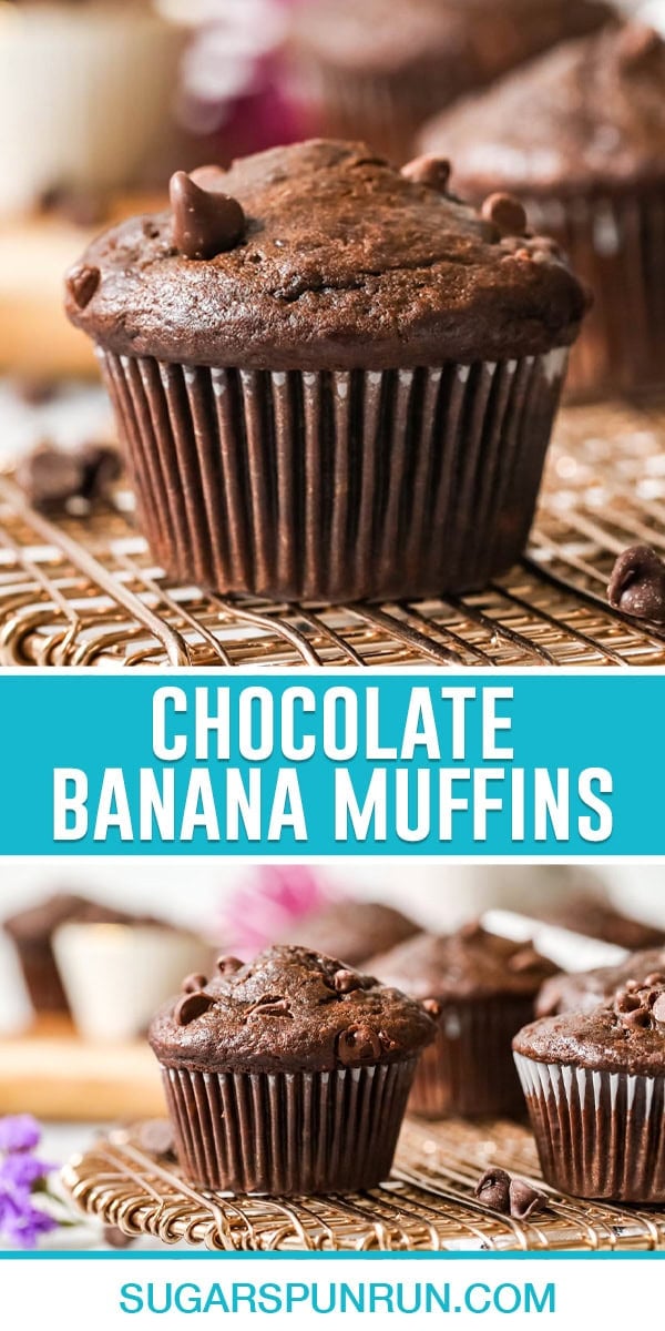 collage of chocolate banana muffins, top image of single muffin close up, bottom image of several muffins on gold wire rack