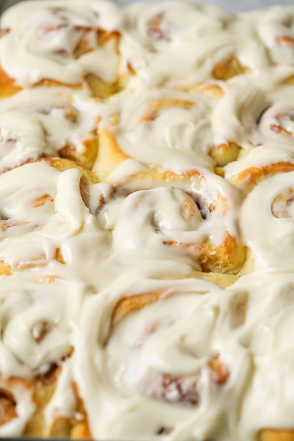 Close-up view of a pan of frosted cinnamon rolls.