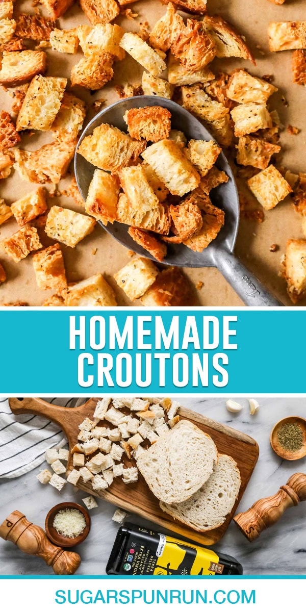 collage of baked croutons scooped in metal spoon photographed close up, bottom image of bread being cubed and prepped