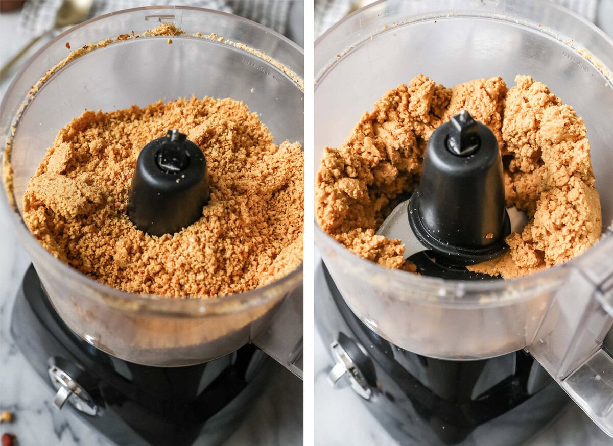 Two pictures of blending of peanuts to a smooth consistency.