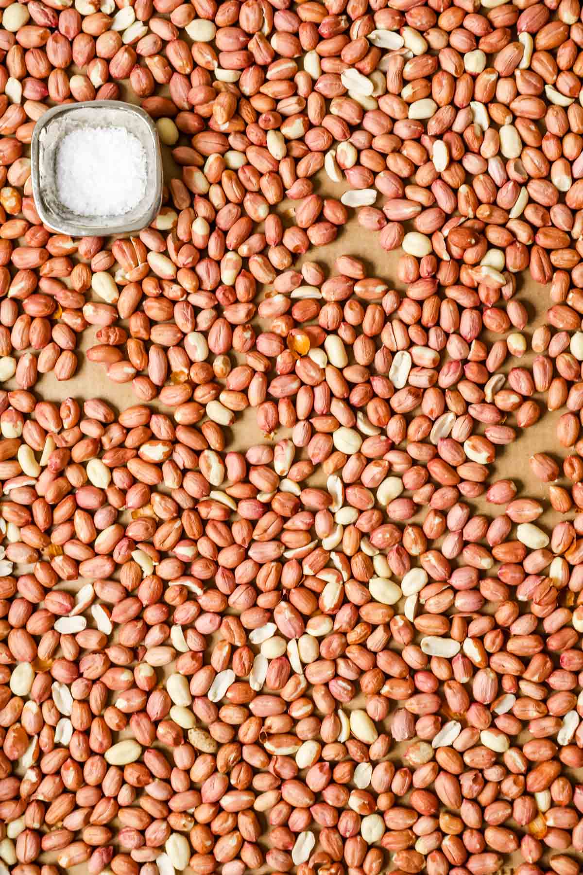 Overhead view of peanuts with the skin on and a small dish of salt.