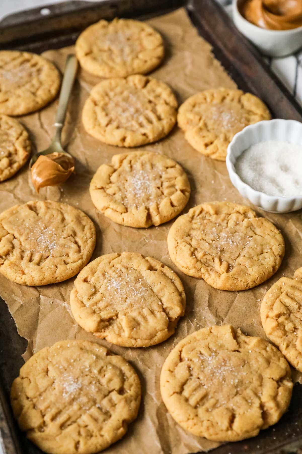 Overhead view of cookies made with peanut butter and sourdough discard.