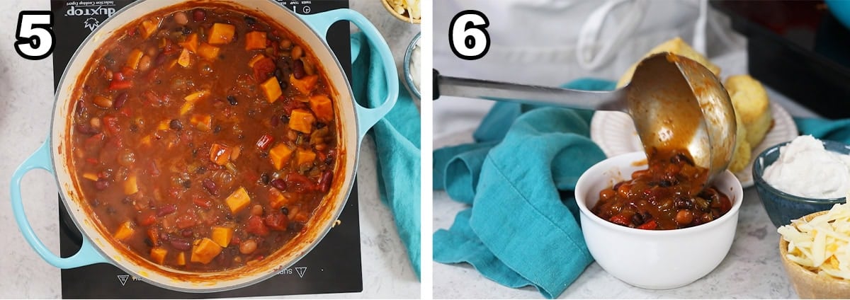 Two photos showing meatless chili being ladled into a bowl after simmering.