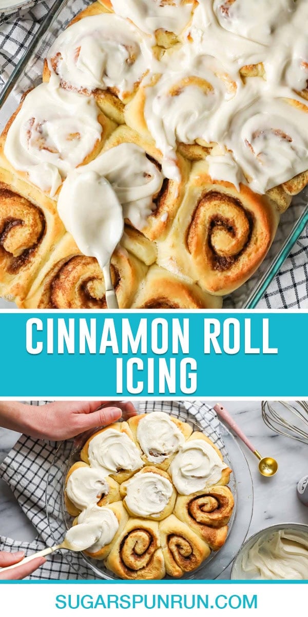 collage of cinnamon roll icing top image is a close up of icing being applied to rolls, bottom image same photographed from above