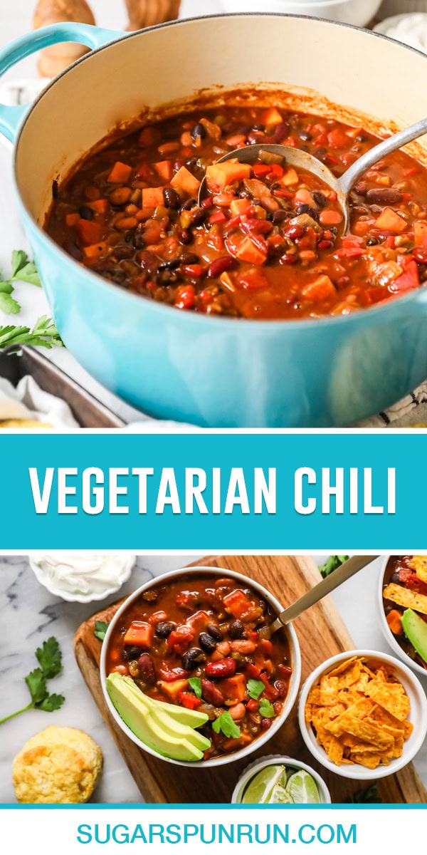 collage of vegetarian chili, top image of full pot of chili with metal ladle, bottom image of single bowl of soup with toppings photgraphed from above