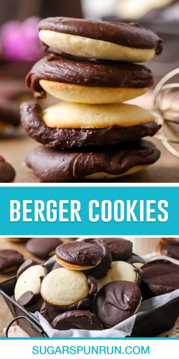 Berger cookie collage, top image of four cookies stacked, bottom image of multiple cookies in tin basket ready to serve