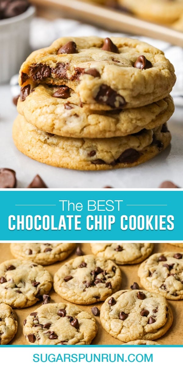 collage of the (second) best chocolate chip cookies, top image of three cookies stacked bite taken out of top, bottom image of multiple cookies cooling on parchment paper