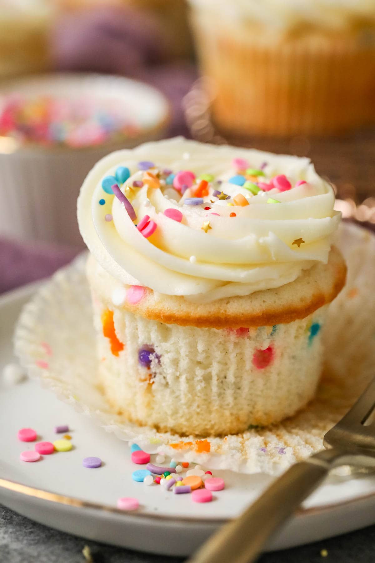 Cupcake made with sprinkles in the batter and on top of the frosting.