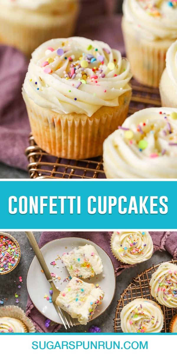 collage of confetti cupcakes, top image is a close up of single cupcake nicely frosted with sprinkles on top, bottom image of a cupcake sliced open on white plate photographed from above