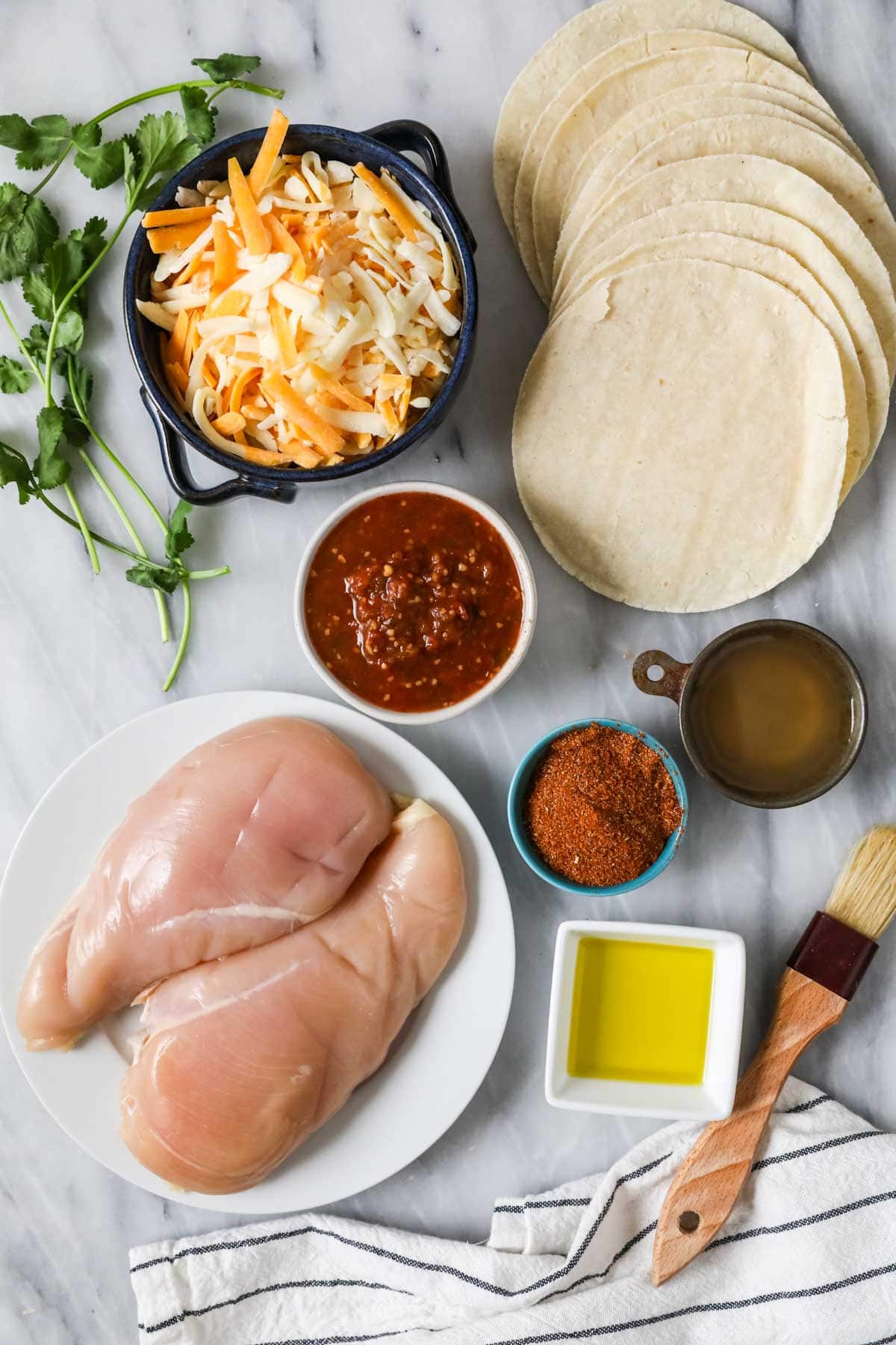 Overhead view of ingredients including corn tortillas, chicken breasts, salsa, cheese, and more.